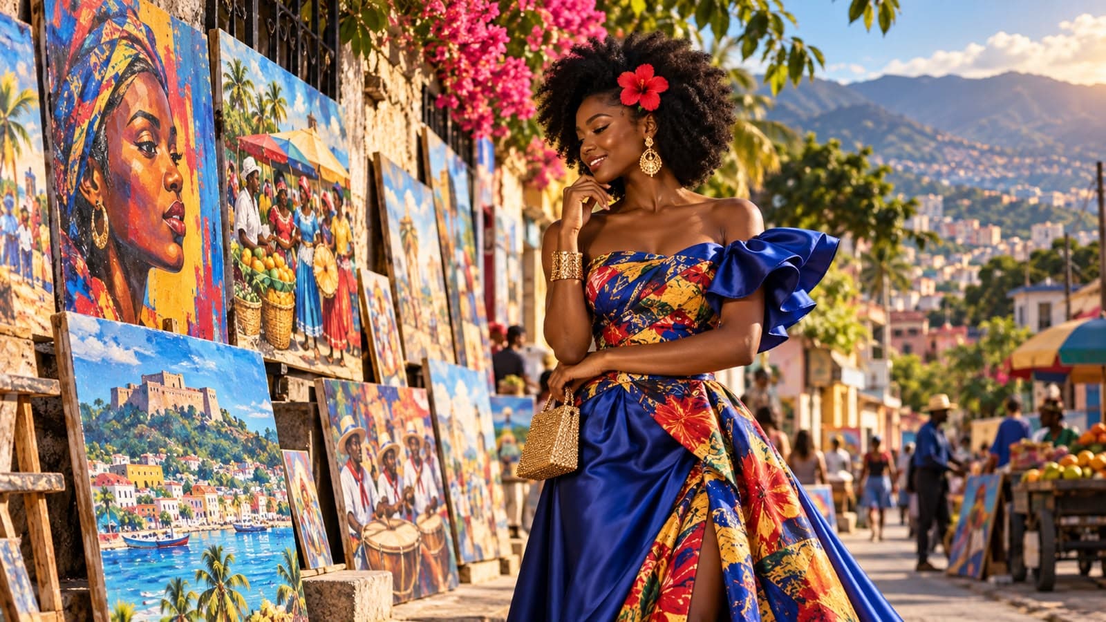 A Haitian woman in a blue floral dress beside colorful Haitian artwork