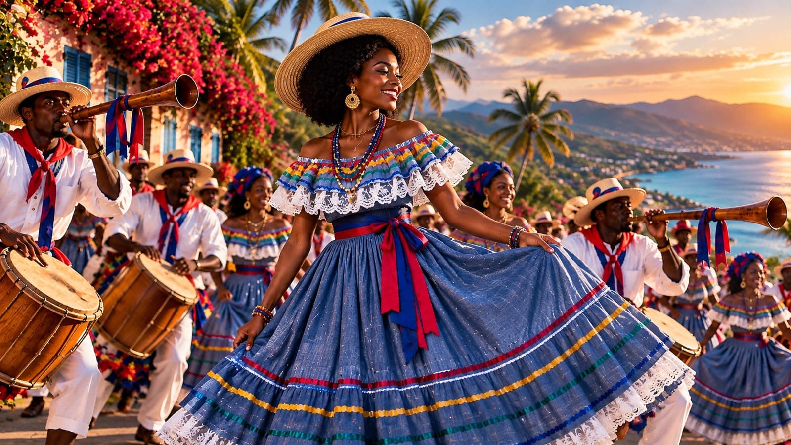 A Haitian woman in traditional dress celebrating with musicians