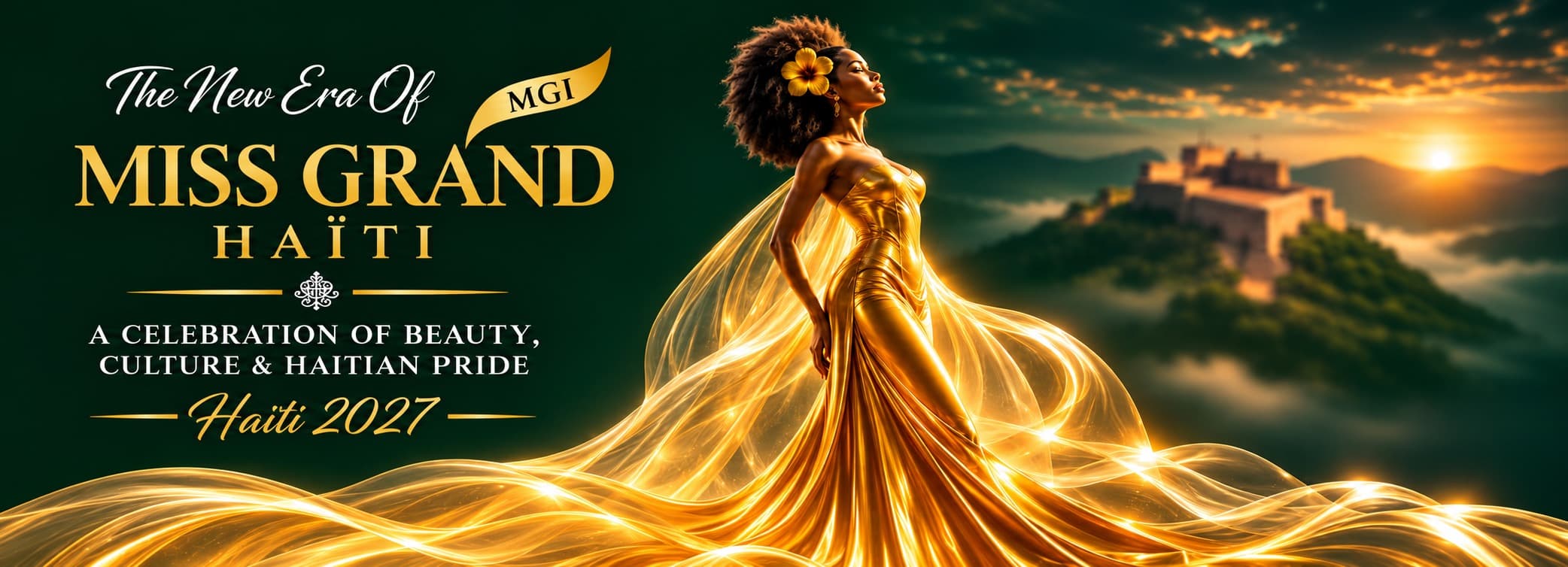 Miss Grand Haiti campaign: a woman in a gold gown overlooking Haiti’s Citadelle at sunset